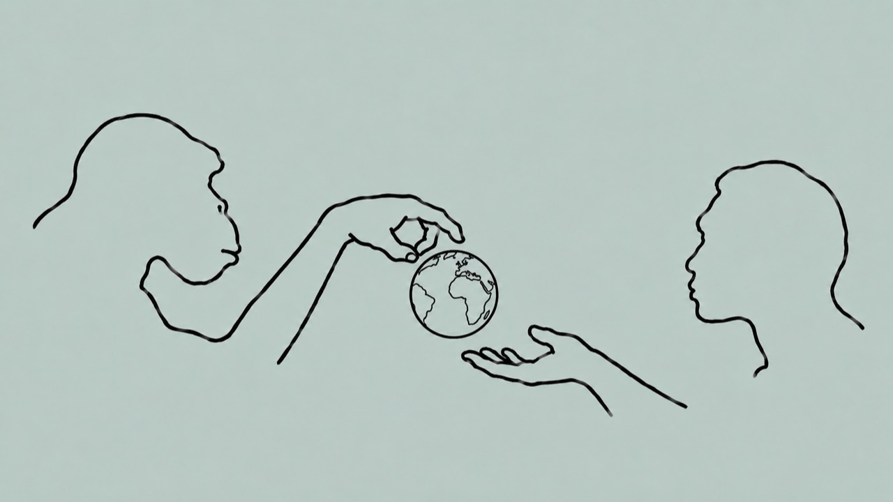 An ape handing the world forward